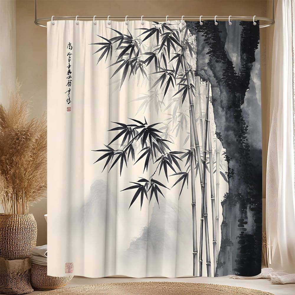 Interior Design Zen - Decoratief Aziatisch bamboe inktwas douchegordijn badkamervoorziening