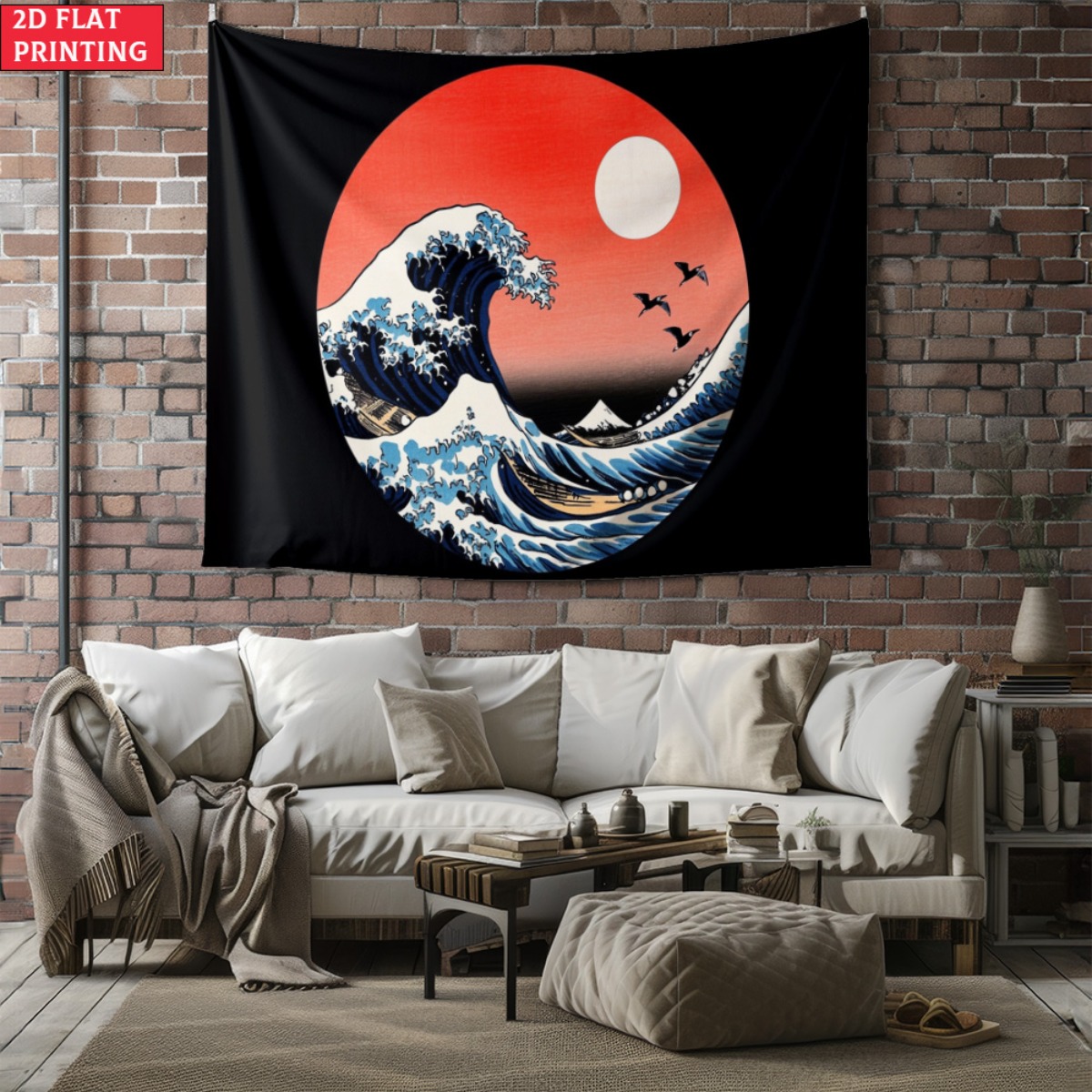 Interior Design Zen - ingelijste Japanse Wave Sunset Tapestry Hokusai